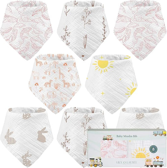 LILY O LAUREL Muslin Baby bibs for drooling and teething, 100% cotton, Bibs for baby girl, Muslin bibs for boys (8 Pack)