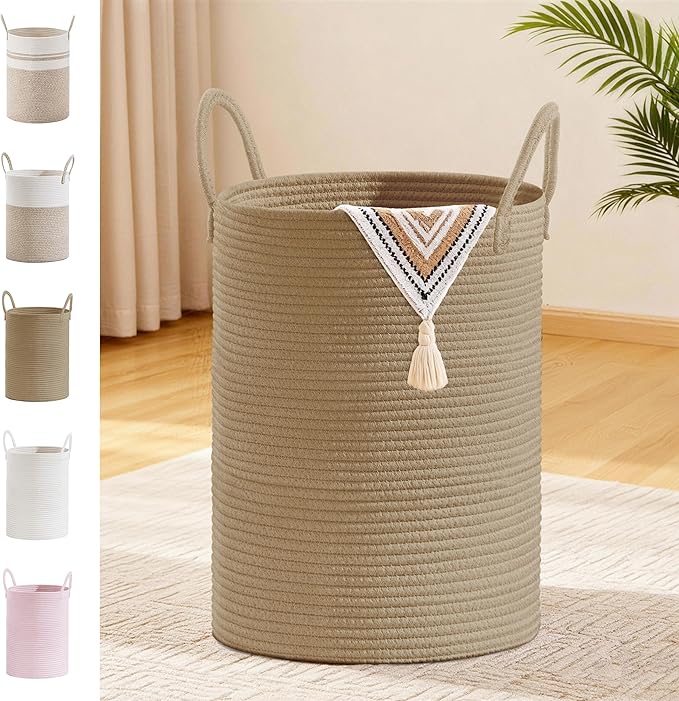 Tall Laundry Basket with Handles, 58L Portable Dirty Clothes Hamper, Boho Cotton Rope Storage Bin for Blankets Kids Toys Gifts, Decorative Organizer for Baby Nursery Bedroom Bathroom, Jute