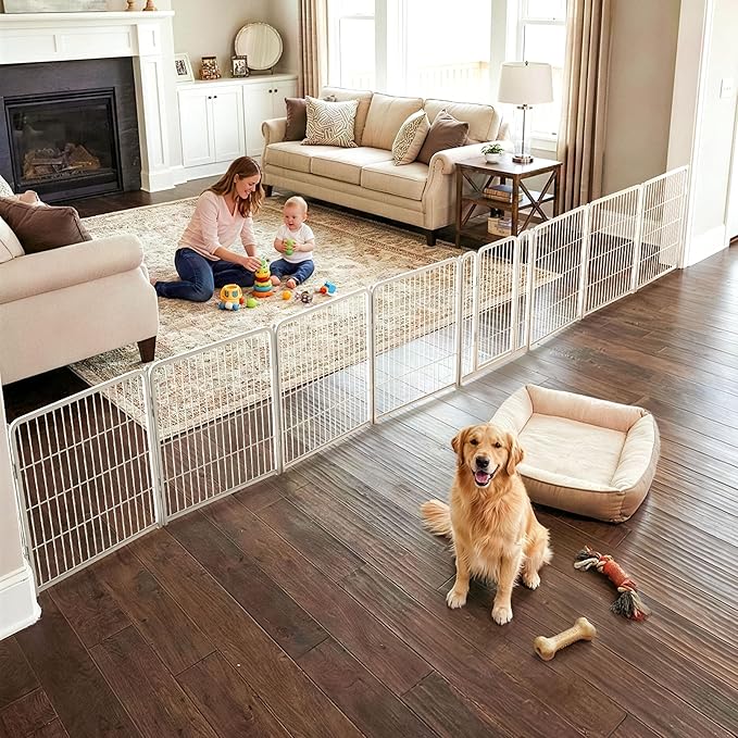 FXW Dog Gate Extra Wide Designed for Indoor Use, Adjustable Width Up to 219-inch Wide (32" H 8 Wire Panels for Small and Medium Dogs), White