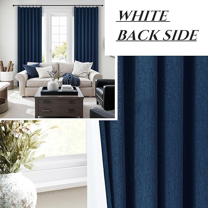 Navy Blue Blackout Curtains 90 Inch Length for Kids/Boys Rooms/Bedroom, Pinch Pleated Drapes with Hooks Viral Linen Thermal Coastal Curtain Dark Blue Window Burg (40" Wx90 Lx 2 Panels)