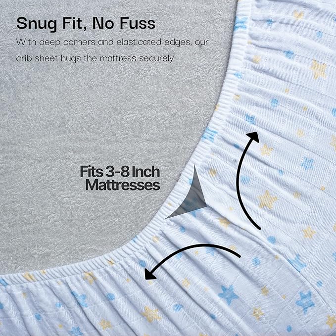 Salt Earth 100% Organic Cotton Muslin Standard Fitted Crib Sheet, 52"x28", 2 Pack Soft Breathable Natural Cotton Sheets Baby Mattress Bed Sheets, No Slip Neutral Baby Crib Sheet (Beige & Blue Star)