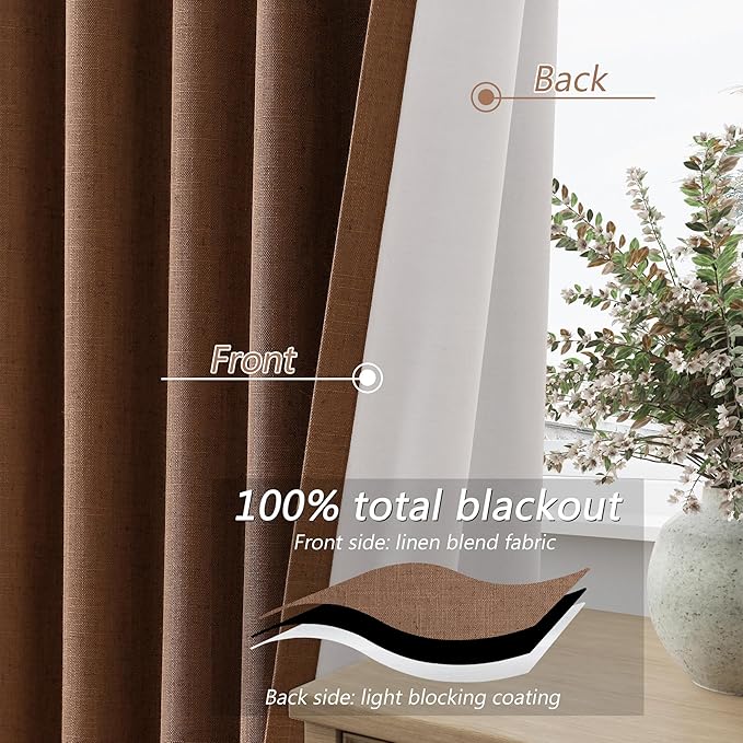 Guken 100% Blackout Linen Curtains 72 Inch Length 2 Panels Set for Living Room Bedroom Back Tab Thermal Insulated Black Out Linen Drapes Room Darkening Window Curtains,Caramel Brown