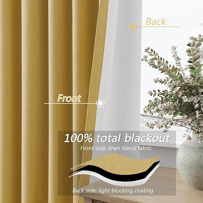 Guken 100% Blackout Curtains 72 Inch Length 2 Panels Set for Living Room Bedroom Back Tab Thermal Insulated Black Out Linen Drapes Room Darkening Window Curtains 72 Inches Long,Gold Yellow