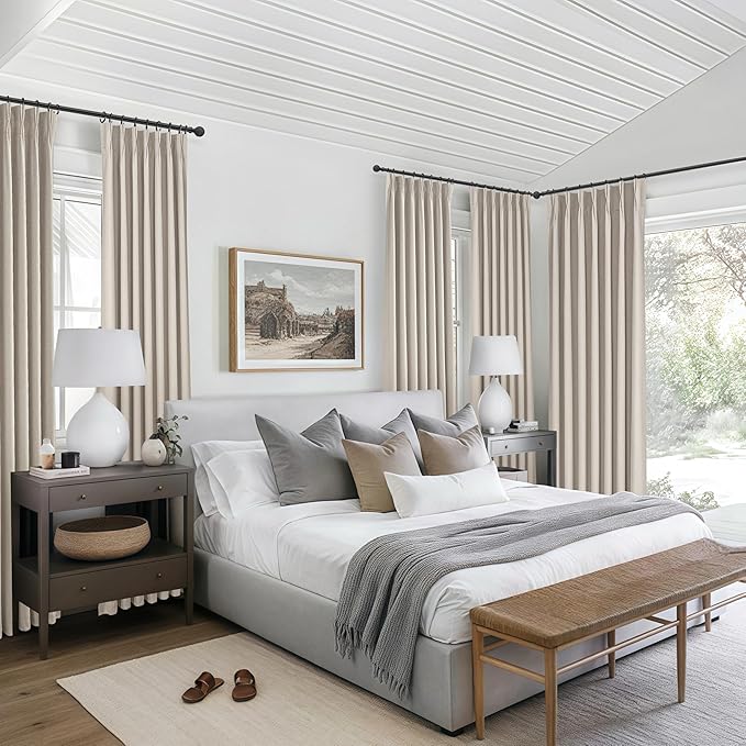Grey Flax Beige 120 Inch Length Linen Pinch Pleated Viral Thick 10 ft Curtains Blackout & Drapes 2 Panels Set for Living Room, Tall High Ceiling Large Windows Bug with Memory Trained(40"Wx120"Lx2)