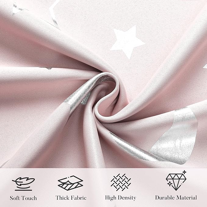 WUBODTI Pink Curtains for Girls Bedroom 100% Blackout Star Curtains for Baby Nursery Kids Room 72 Inch Length, Cute Silver Star Patterned Space Theme Thermal Insulated Curtain Drapes 2 Panel Sets