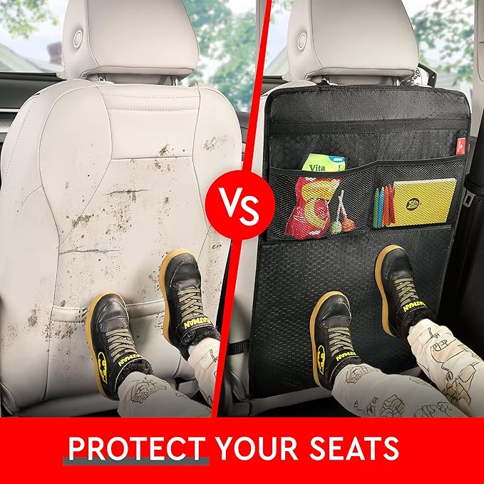 Helteko Back Seat Protector for Car, 2 Pack Premium Kick Mats for Kids, Extra Large Car Seat Cover for Backseat with Mesh Pockets, Waterproof Dirt & Mud Protection, Black