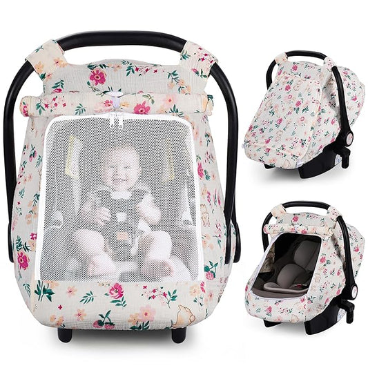 Rquite Car Seat Cover Baby, Carseat Covers Girl Boy, Breathable Muslin Cotton, Large Mesh Window, Infant Car Seat Canopy Baby Carrier Cover Stroller Sun Shade for Summer & Hot Day
