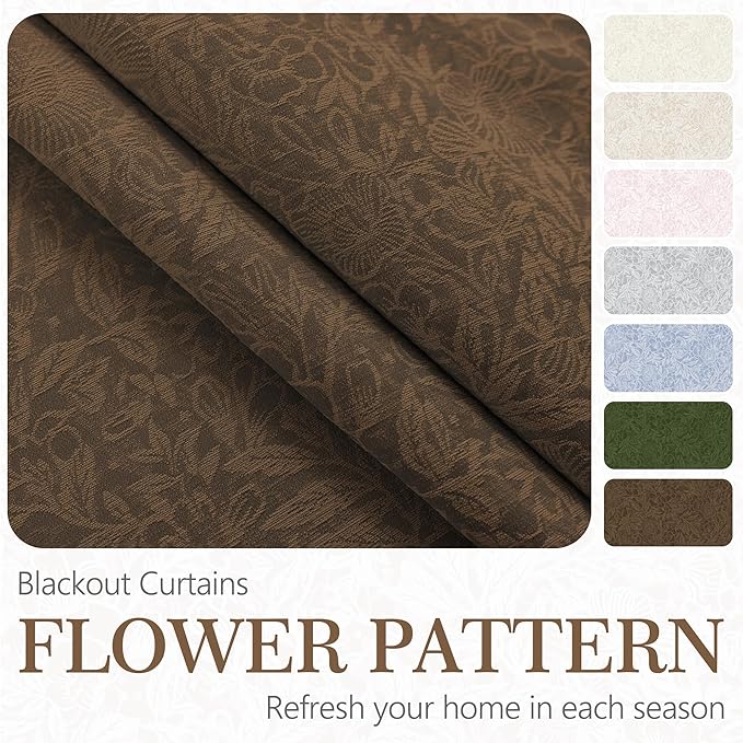 Metro Parlor Brown Floral Blackout Curtains 84 Inches Long for Bedroom, Jacquard Chenille Patterned Vintage Flower Curtains for Living Room Darkening Thermal Insulated Grommet Window Drapes, 2 Panels
