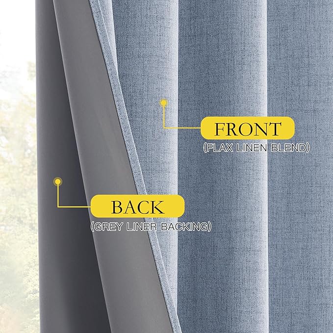 NICETOWN Full Blackout Linen Curtains 102" Length with Thermal Insulated Liners for Living Room, Farmhouse Style Keep Cool & Warm Large Window Drapes for Hall (Stone Blue, 2 Panels, 52" Wide)