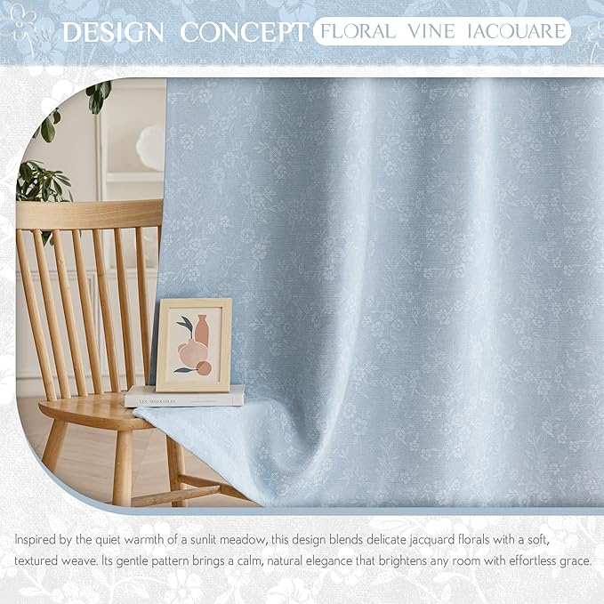 Beauoop Blue Floral Jacquard Blackout Curtains 84 Inches Long 2 Panels for Living Room Bedroom Chenille Flower Room Darkening Thermal Insulated Soundproof Grommet Window Drapes, 52x84 Set of 2