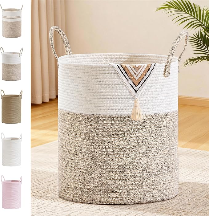 Tall Laundry Basket with Handles, 88L Portable Dirty Clothes Hamper, Boho Cotton Rope Storage Bin for Blankets Kids Toys Gifts, Large Organizer for Baby Nursery Bedroom Bathroom, New Brown