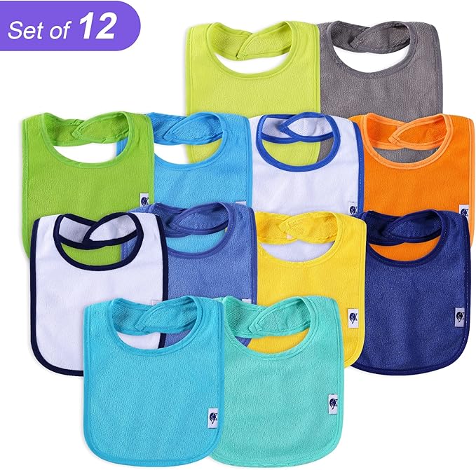 Nvatorfox 12 Pack Terry Drool Cotton Bibs, Unisex Baby Bibs with Fiber Filling Waterproof for Feeding, Teething, Drooling