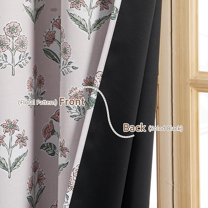 RYB HOME Pink 100% Blackout Floral Curtains 84 Inches Long 2 Panels for Bedroom, Grommet Vintage Flower Patterned Drapes Thermal Insulated Room Darkening for Dining Room Living Room, W52 x L84 inches