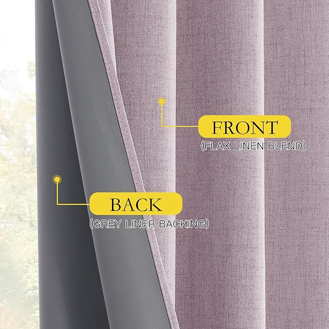 NICETOWN Pink Vintage Linen 100% Blackout Curtains for Living Room, 52" Wide Per Panel, Set of 2, Thermal Insulated Curtains 90" Long, Noise Reducing Window Treatment Drapes for Hall Room