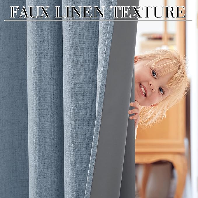 RYB HOME Linen Texture Curtains for Bedroom, 100% Blackout Thermal Insulated Curtains, Rod Pocket&Back Tab Room Darkening Drapes Luxury Decor for Living Room Nursery, W52xL96, 2 Panels, Smoky Blue