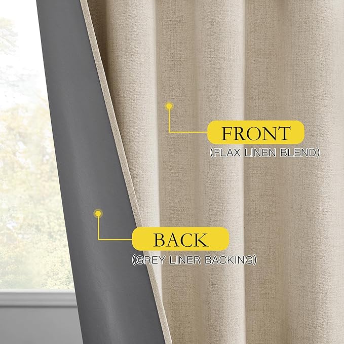NICETOWN Cream Bedroom Full Blackout Linen Curtains, Thick Insulated Classic Rod Pocket Back Tab Blackout Draperies with White Thermal Insulated Liner for Nursery, Study (Set of 2, 52 by 72-inch)