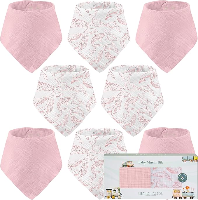 LILY O LAUREL Muslin Baby bibs for drooling and teething, 100% cotton, Bibs for baby girl, Muslin bibs for boys (8 Pack)