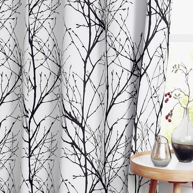 FMFUNCTEX 100% Blackout Curtains White Black Tree Liner Curtains for Bedroom, Branch Partterned Curtains 96 inches Long for Living Room, Room Darkening Thermal Insulated Drapes, Grommet Top 2 Panels