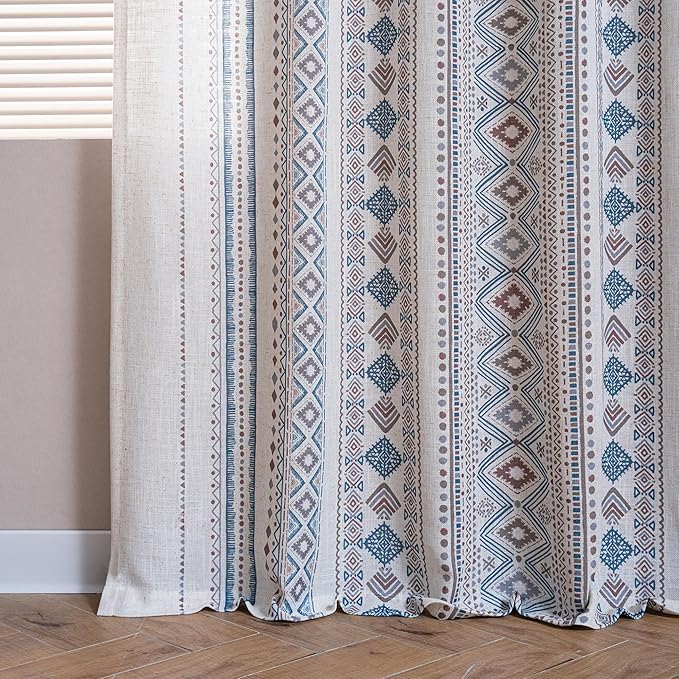 MYSKY HOME Curtains 84 inches Long for Living Room Boho Linen Sheer Drapes Geometric Farmhouse Decor Light Filtering Privacy Protect Soft Touch Treatment Back Tab for Home, 50" Wide, Khaki, 2 Panels