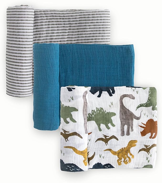 Little Unicorn Muslin Swaddle Blanket for Newborns & Infants | Soft & Breathable Fabric | Set of 3 Baby Blankets for Swaddling, Nursing, Shower Gifts (Dino Friends)