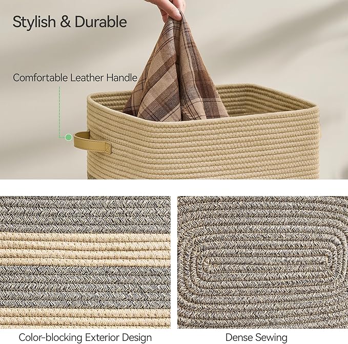87L Laundry Hamper,Laundry Basket with Leather Handles,Woven Storage Basket for Toys,Pillows,Blankets,Clothes,Dark Brown