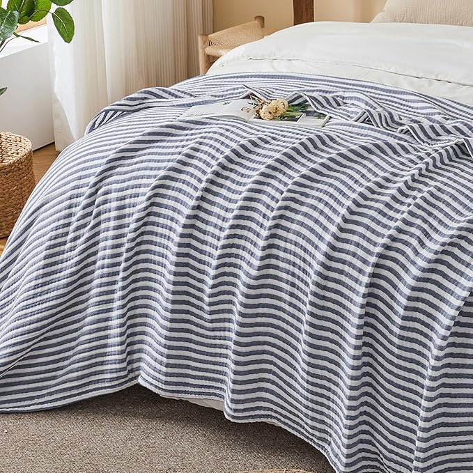 EMME Cotton Muslin Twin XL Blanket Breathable Gauze Soft Lightweight Adults Gifts for Women (Striped Navy, 66"x90")