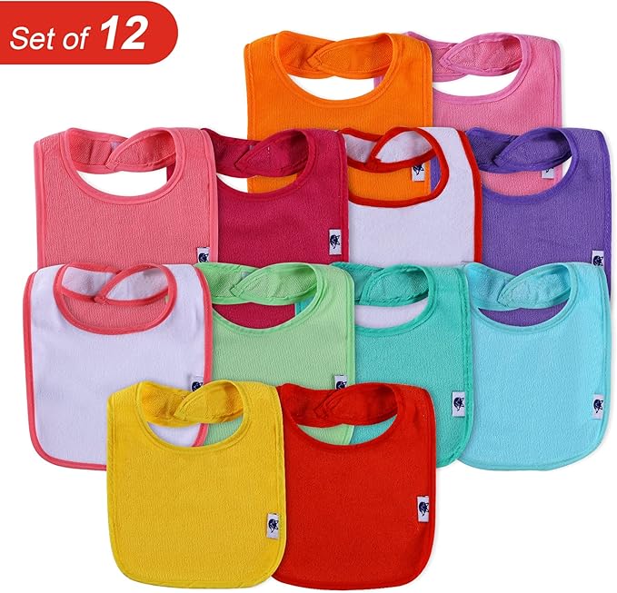 Nvatorfox 12 Pack Terry Drool Cotton Bibs, Unisex Baby Bibs with Fiber Filling Waterproof for Feeding, Teething, Drooling