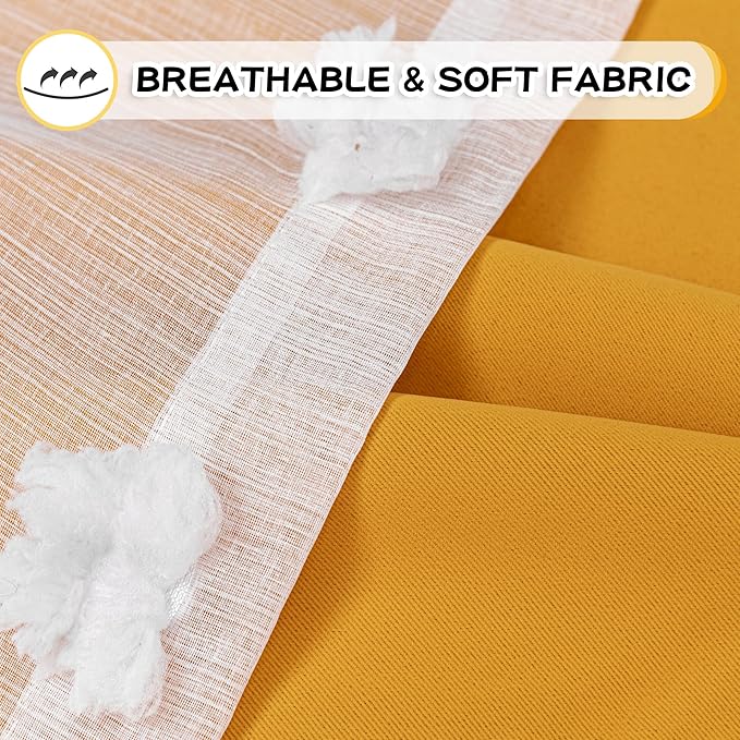 MYSKY HOME Yellow Curtains for Bedroom 54 Inch Long Double Layer Curtains for Kids Room Kithen White Pom Pom Sheer Nursery Curtains Grommet Room Darkening Small Window Curtains 2 Panels 52" x 54"