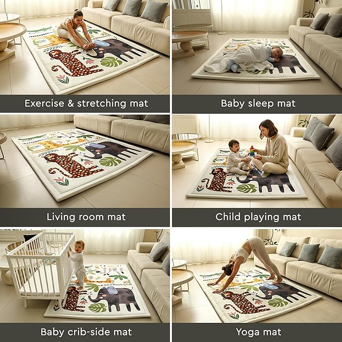 Animals Baby PlayMat Rug Extra Thick 3.5CM | Cloudsoft Coral Velvet Crawl Memory Foam Floor Mat | Anti-Spill | Anti-Slip | Toddlers Infants Kids Children | 60"x80" | Tummy Time | Padded Yoga Rug