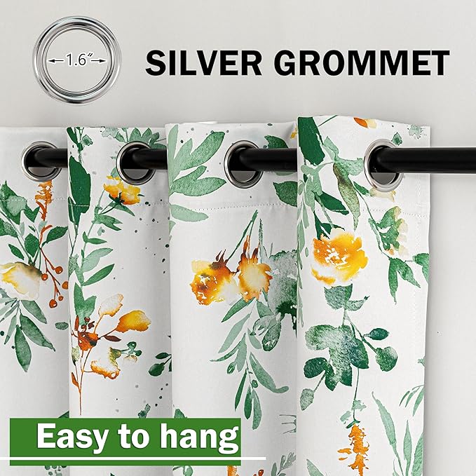 MYSKY HOME Sage Green Floral Blackout Curtains 72 inch Long 2 Panels Set for Bedroom Living Room- Flower Patterned Room Darkening Light Blocking Grommet, 52" W Each Panel, Yellow and Green