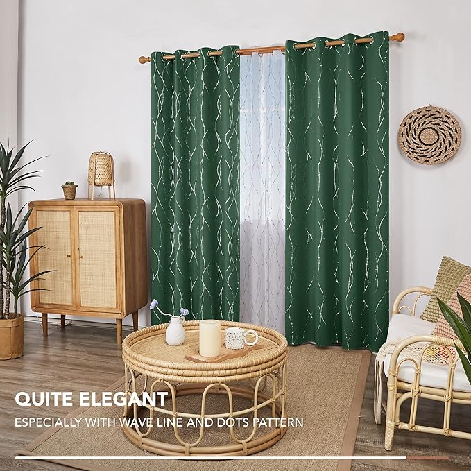 Deconovo Green Curtains, Christmas Blackout Drapes, Thermal Insulated Soundproof Drape, Wave Line Dot Foil Print, 52 x 63 Inch, 2 Panels, Machine‑Washable Window Panel for Living Room Kitchen Nursery