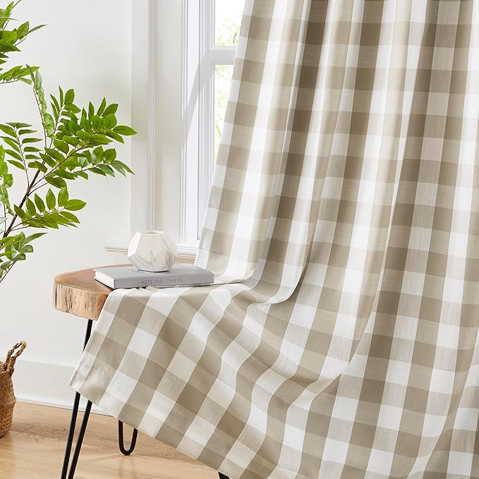 Amzdecor Buffalo Plaid Check Full Blackout Curtain Woven Checkered GEO Thermal Insulated Energy Efficient Drapes Grommet 2 Layers Window Treatment for Bedroom Living Room,2 Panels,52"x63",Beige/White