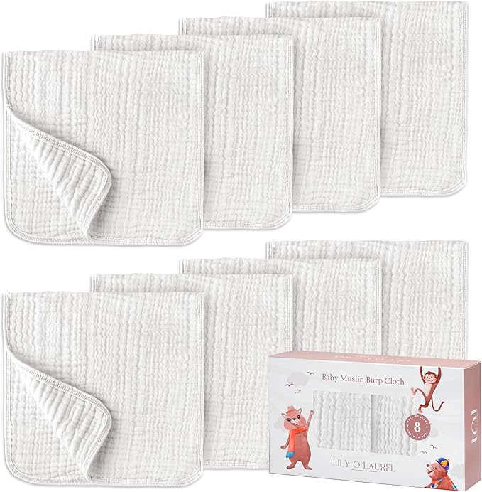 LILY O LAUREL Muslin Burp Cloths, 20"x10"- Pack of 8, 6 Layers Super Soft Absorbent & Breathable 100% Cotton for Baby Drool and Messes, Burp Cloth Baby Boy and Burp Cloths Baby Girl