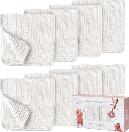 LILY O LAUREL Muslin Burp Cloths, 20"x10"- Pack of 8, 6 Layers Super Soft Absorbent & Breathable 100% Cotton for Baby Drool and Messes, Burp Cloth Baby Boy and Burp Cloths Baby Girl