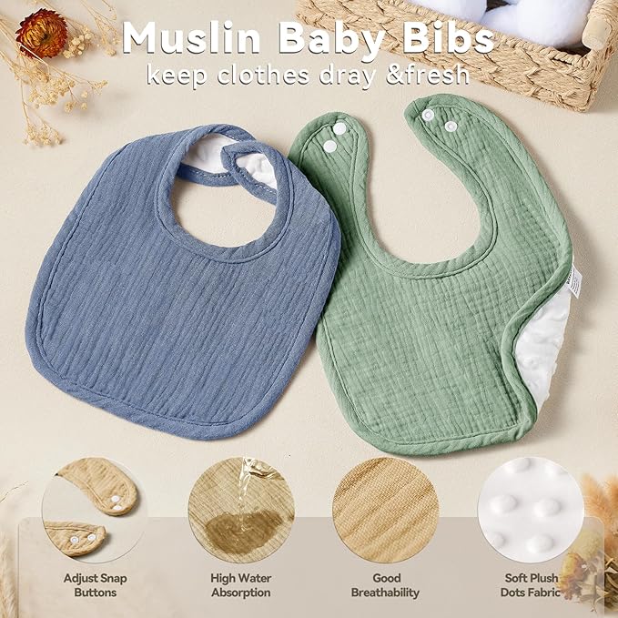 Wrrernsin Muslin Baby Bibs for Unisex Boys Girls, Cotton Drool Bibs, Adjustable Newborn Bibs for Drooling and Teething