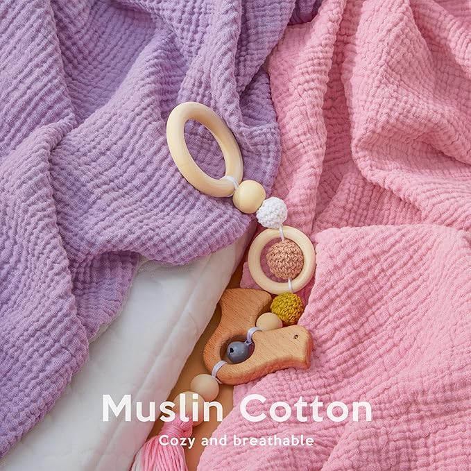 Pro Goleem Muslin Pack n Play Sheets for Girls, Soft Breathable Cotton Fitted Mini Crib Sheets, Baby Sheets for Playard Mattress, 2 Pack (Pink＆Purple)