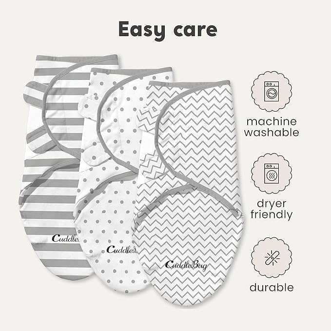 CuddleBug Swaddles for Newborns (3-Pack) - 100% Cotton Velcro Baby Swaddles 0-3 Months, Machine Washable Newborn Sleep Sacks, Snug Baby Swaddle Blanket (Spots & Stripes)