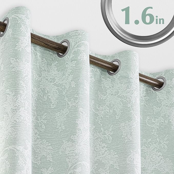 FMFUNCTEX Sage Green Floral Jacquard Blackout Curtains 63 Inch Length for Bedroom, Scroll Flower Chenille Farmhouse Curtain for Living Room Darkening Thermal Insulated Grommet Window Drapes 2 Panels