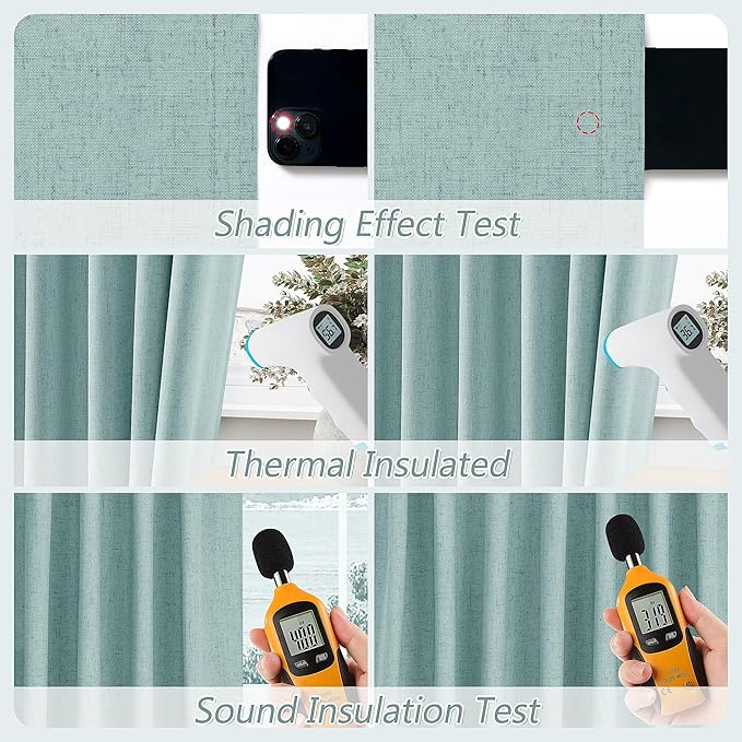 Guken 100% Blackout Linen Curtains 80 Inch Length 2 Panels Set for Living Room Bedroom Back Tab Thermal Insulated Black Out Linen Drapes Room Darkening Window Curtains,Light Blue