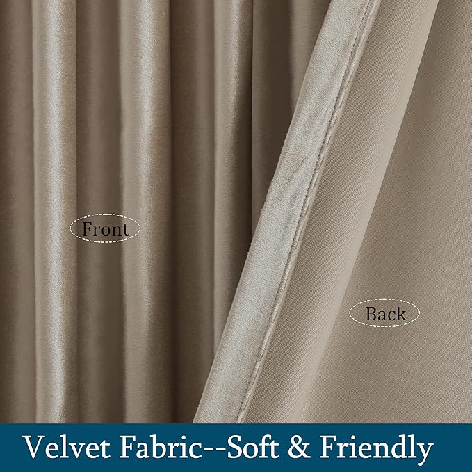 PRIMROSE Taupe Curtains 72 inch for Living Room,2 Panels Velvet Drapes Blackout Rod Pocket Back Tab Window Treatment Room Darkening Decorative Thick Curtains for Bedroom