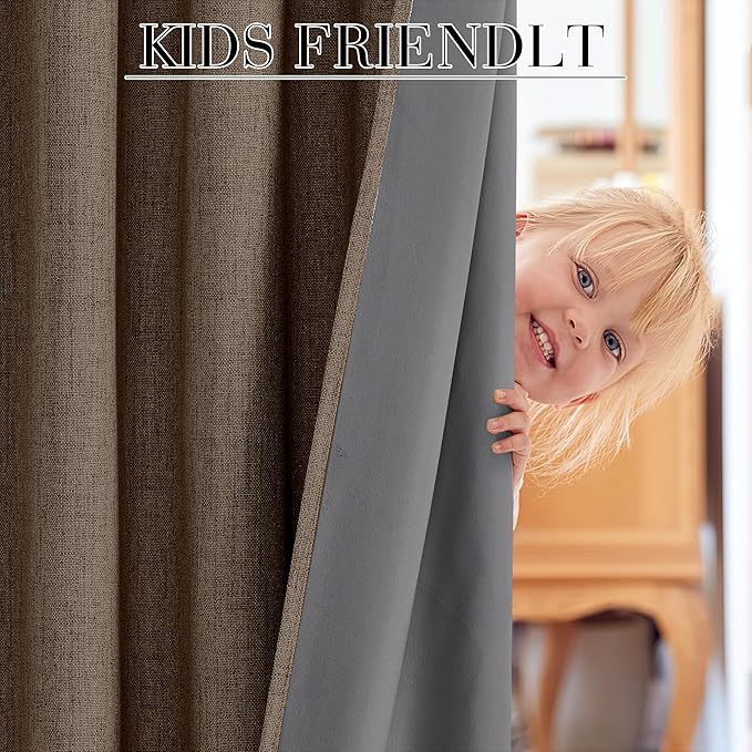 RYB HOME Coffee 100% Blackout Linen Curtains 78 inch Long, Thermal Insulated & Privacy Assurd Home Decor Drapes for Bedroom/Office/Nursery, Rod Pocket & Back Tab Window Treatment, W52 X L78, 2 Panels