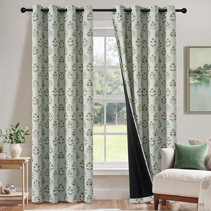 RYB HOME 100% Blackout Curtains 84 Inches Long for Bedroom Living Room, Green Floral Farmhouse Room Darkening Soundproof Patterned Window Treatment Drapes for Dining Room, W52 x L84, 2 Panels