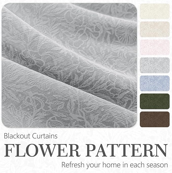 Metro Parlor Grey Floral Blackout Curtains 63 Inch Length for Bedroom, Jacquard Chenille French Vintage Flower Curtains for Living Room Darkening Thermal Insulated Gray Grommet Window Drapes,2 Panels