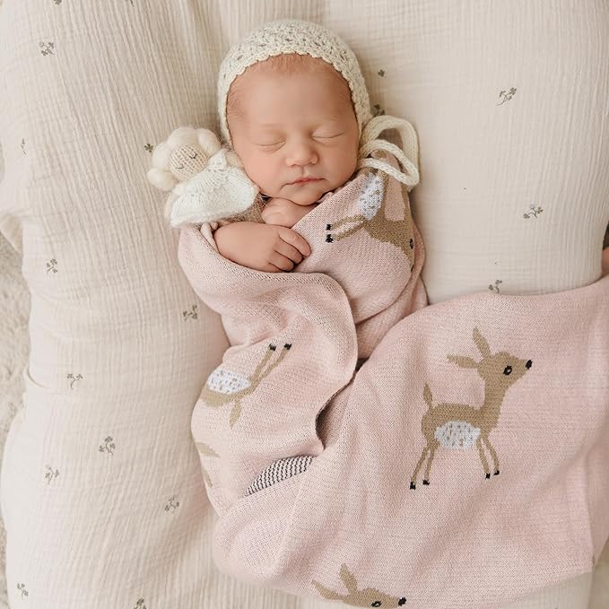 Knit Baby Swaddle Blanket - 100% Cotton Soft Cozy Receiving Swaddle Stroller Blanket for Shower Gift Registry for Newborns, Infants, Toddlers (Deer - Pink)