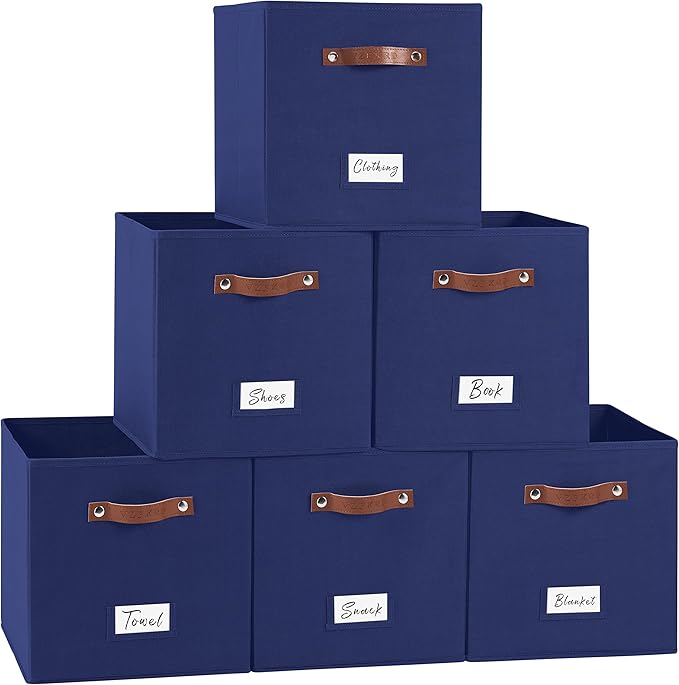 13 Inch Cube Storage Bin Fabric Basket with Handles and Labels, Cube Storage Organizer for Closet, Bedroom, Living Room (Blue,6 Pack)
