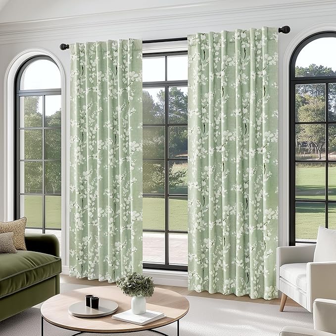 FMFUNCTEX 100% Blackout Floral Curtains for Bedroom, Sage Green Curtains 96 inch Length Blossom Patterned for Living Room, Thermal Insulated Farmhouse Drapes, Rod Pocket 2 Panels (White on Green)