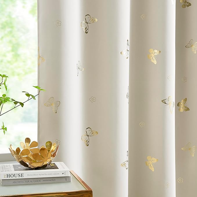 Jubilantex Ivory Gold Butterfly Blackout Curtains 84 Inches Long with Black Layer Thermal Insulated Window Curtains Grommet Top for Bedroom Girls Room