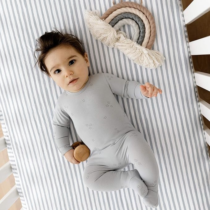 Ely’s & Co. Waterproof Crib Sheet/Toddler Bed Sheets – All-in-One Mattress Protector and Fitted Sheet – Soft Jersey Cotton, Misty Blue Splash & Stripes, Baby Boy Nursery Bedding Essential – 2-Pack