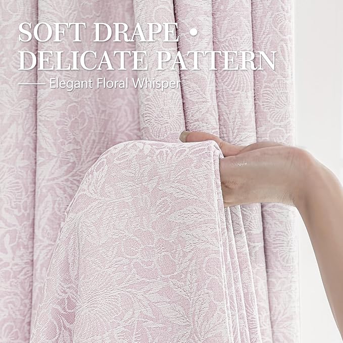 Metro Parlor Pink Floral Blackout Curtains 63 Inch Length for Bedroom, Jacquard Chenille Patterned Vintage Flower Curtains for Living Room Darkening Thermal Insulated Grommet Window Drapes, 2 Panels