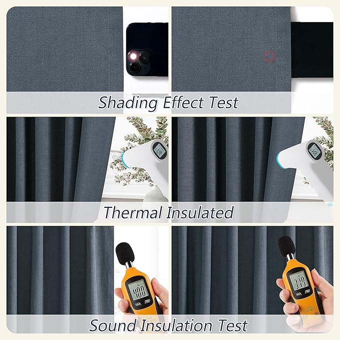 Guken 100% Blackout Linen Curtains 120 Inch Length 2 Panels Set for Living Room Bedroom Back Tab Thermal Insulated Black Out Linen Drapes Room Darkening Window Curtains,Vintage Blue